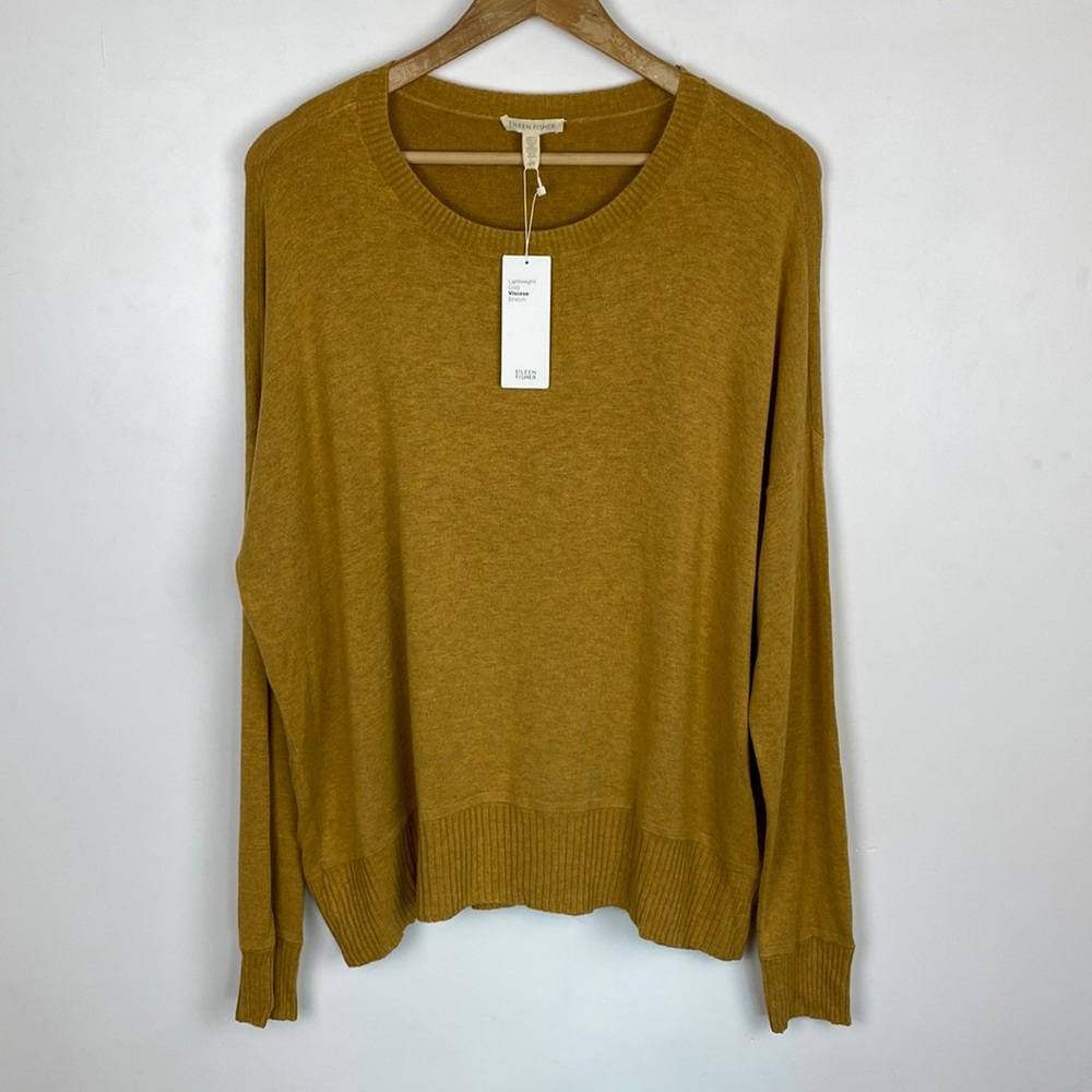 Eileen Fisher Lightweight Cozy Viscose Stretch Knit Crew-neck Mustard Yellow NWT